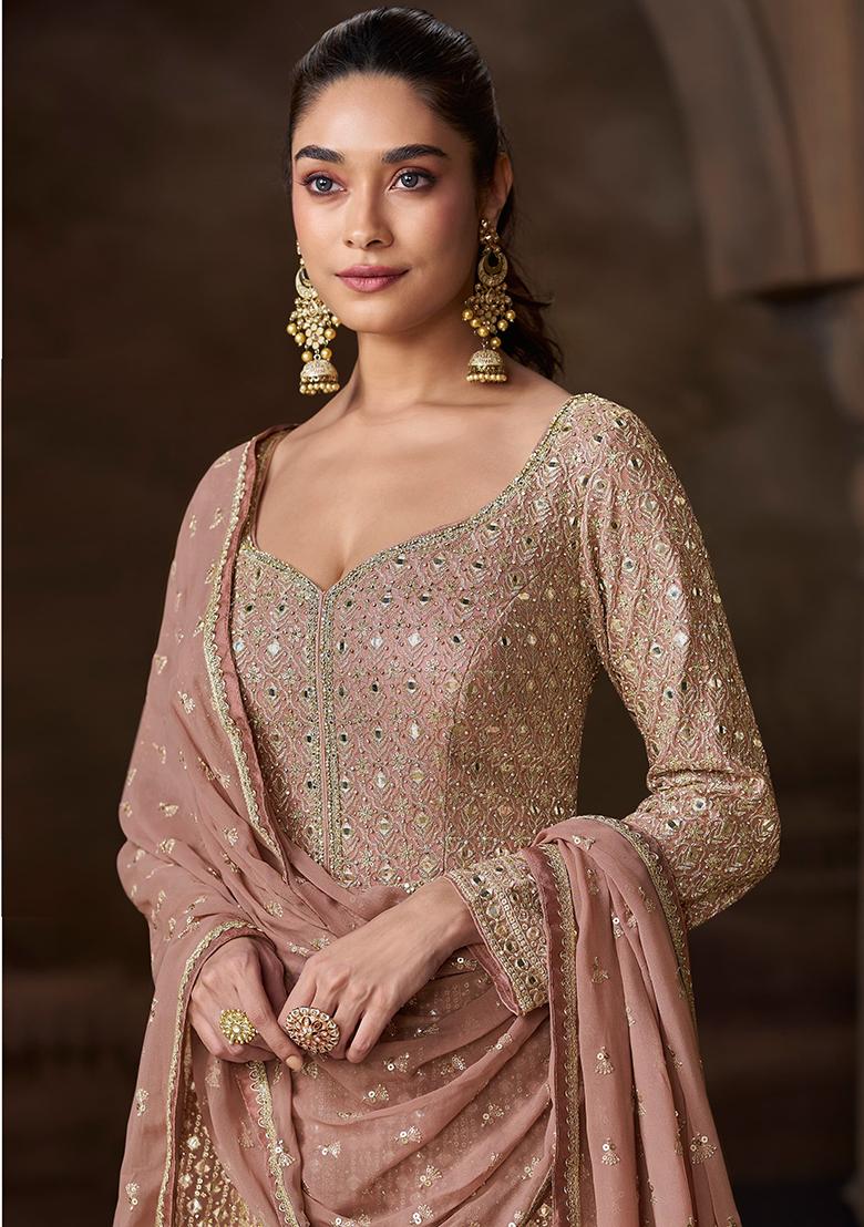 Beige Georgette Embroidered Salwar Kameez - Indya