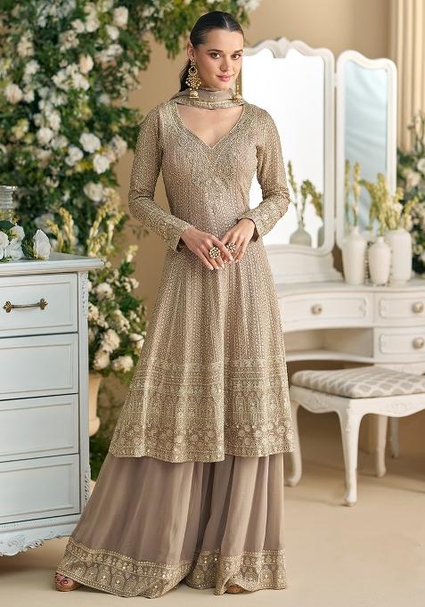 Beige Georgette Embroidered Salwar Kameez With Dupptta