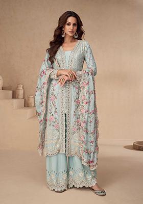 Blue Silk Embroidered Salwar Kameez With Dupptta