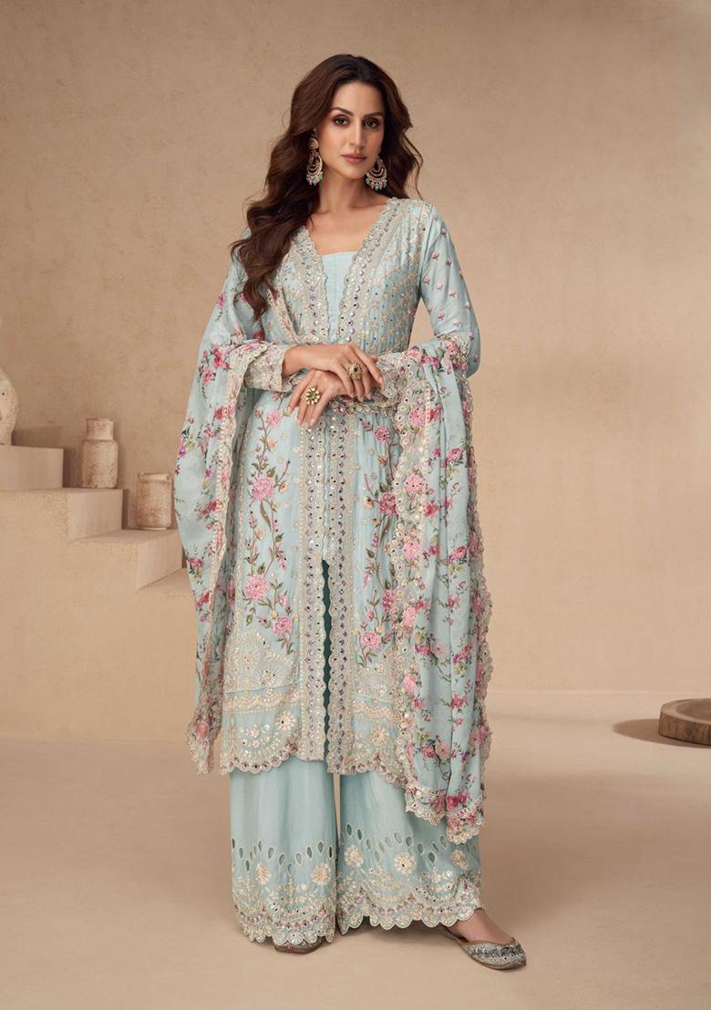 Blue Silk Embroidered Salwar Kameez With Dupptta - Indya
