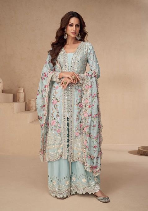 Blue Silk Embroidered Salwar Kameez With Dupptta