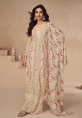 Beige Silk Embroidered Salwar Kameez With Dupptta