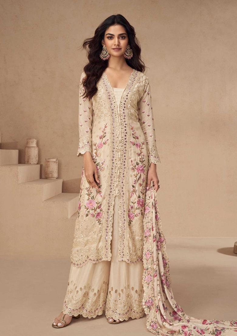 Beige Silk Embroidered Salwar Kameez With Dupptta - Indya