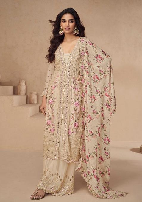 Beige Silk Embroidered Salwar Kameez With Dupptta