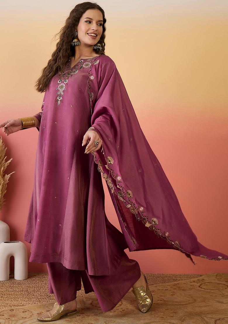 Peach Embroidered Silk Salwar Kameez