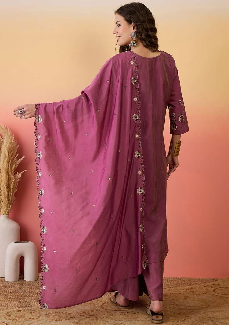 Peach Embroidered Silk Blend Salwar Kameez - Indya