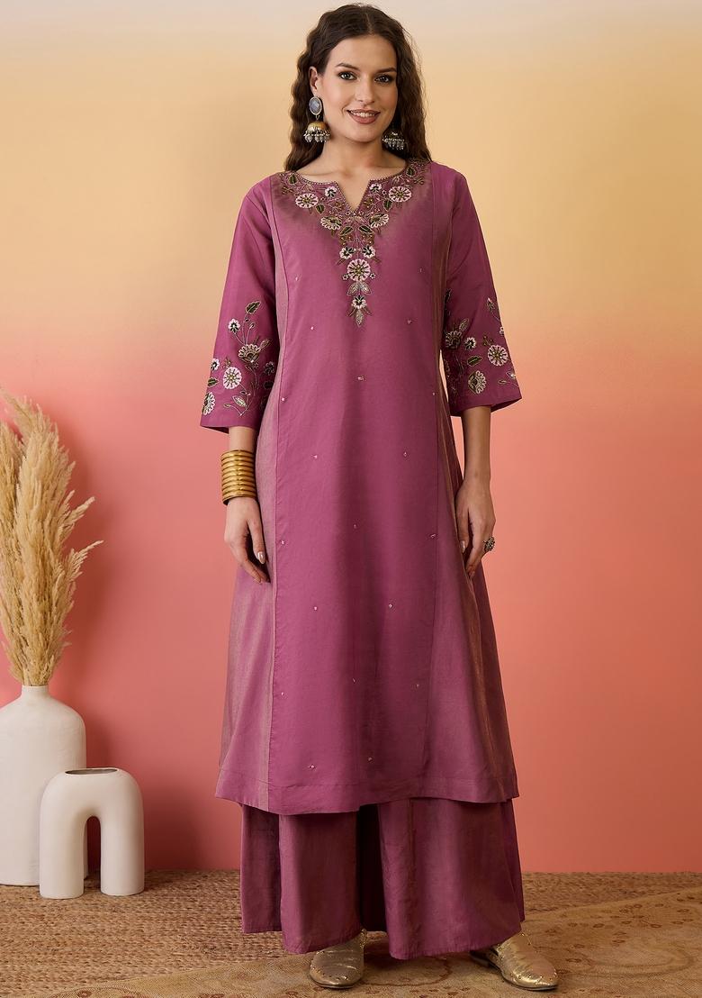 Peach Embroidered Silk Salwar Kameez