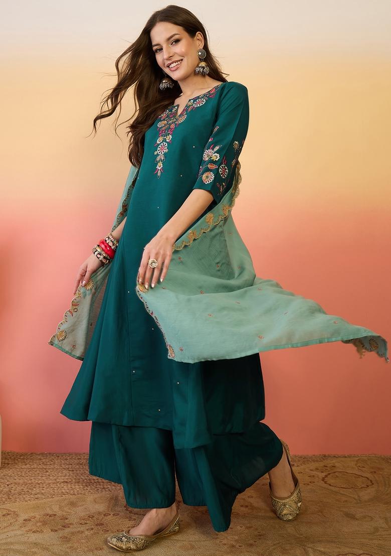 Olive Embroidered Silk Salwar Kameez