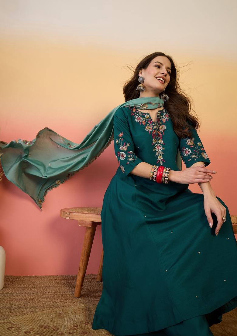 Olive Embroidered Silk Salwar Kameez