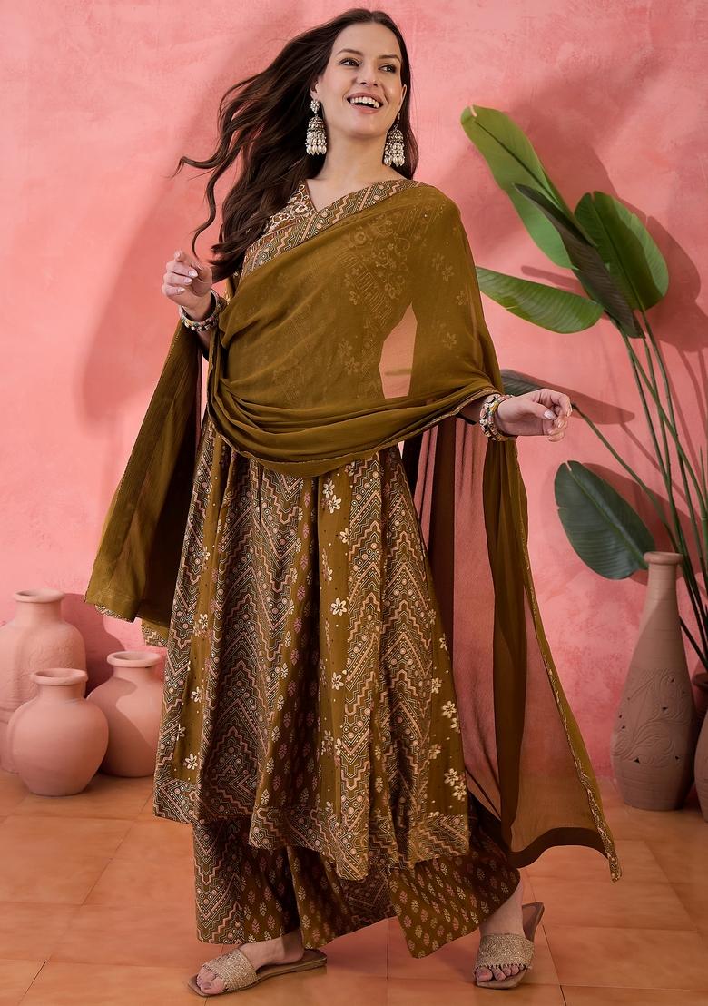 Brown Embroidered Silk Salwar Kameez