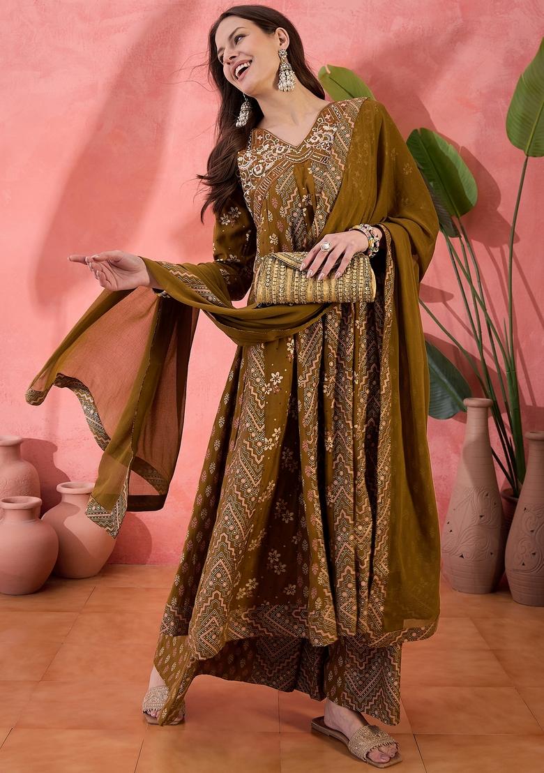 Brown Embroidered Silk Salwar Kameez