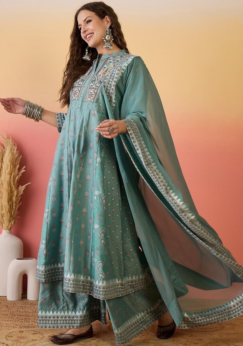 Sky Blue And White Printed Crepe Salwar Kameez With Dupatta