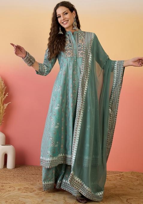 Sky Blue And White Printed Crepe Salwar Kameez With Dupatta