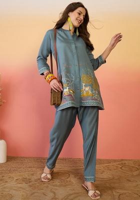 Blue Embroidered Cotton Co Ord Set