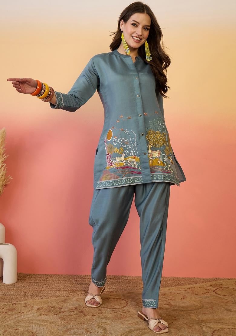 Blue Embroidered Cotton Co Ord Set - Indya