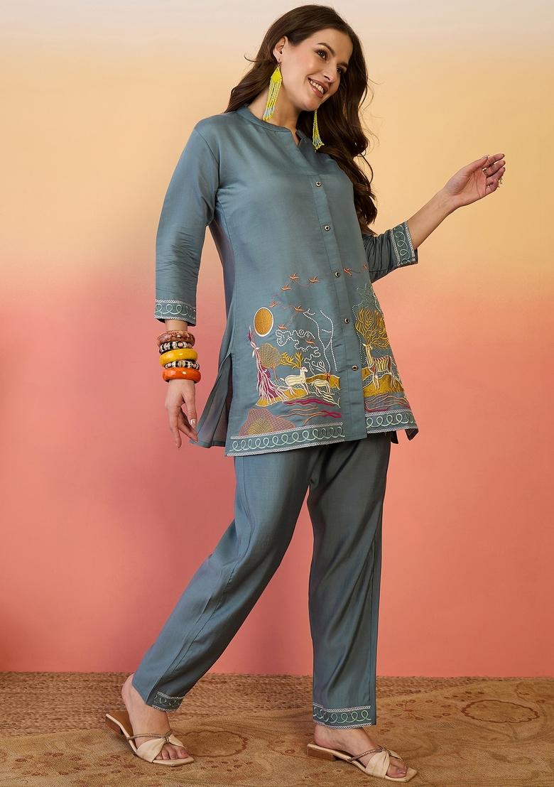 Blue Embroidered Cotton Co Ord Set - Indya