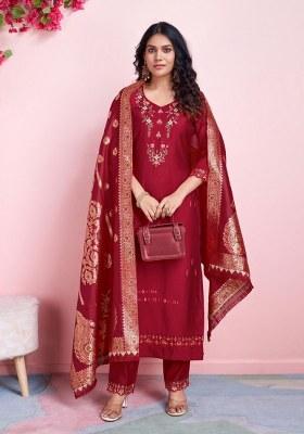 Red Embroidered Viscose Silk Salwar Kameez With Dupatta