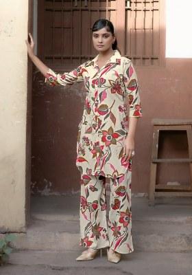Cream Printed Cotton Co Ord Set