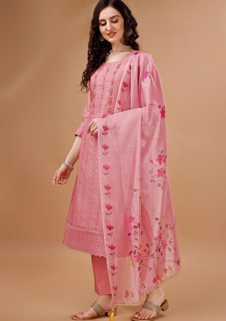 Peach Embroidered Chanderi Silk Salwar Kameez With Dupatta