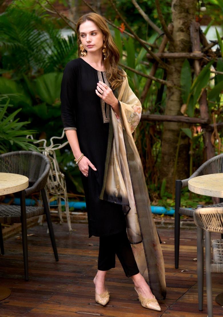 Black Embroidered Viscose Rayon Salwar Kameez With Dupatta