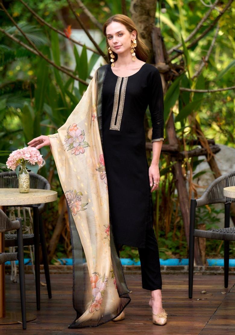 Black Embroidered Viscose Rayon Salwar Kameez With Dupatta