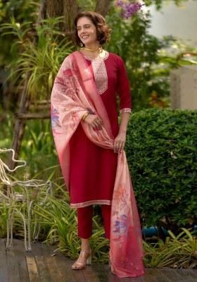 Maroon Embroidered Viscose Rayon Salwar Kameez With Dupatta