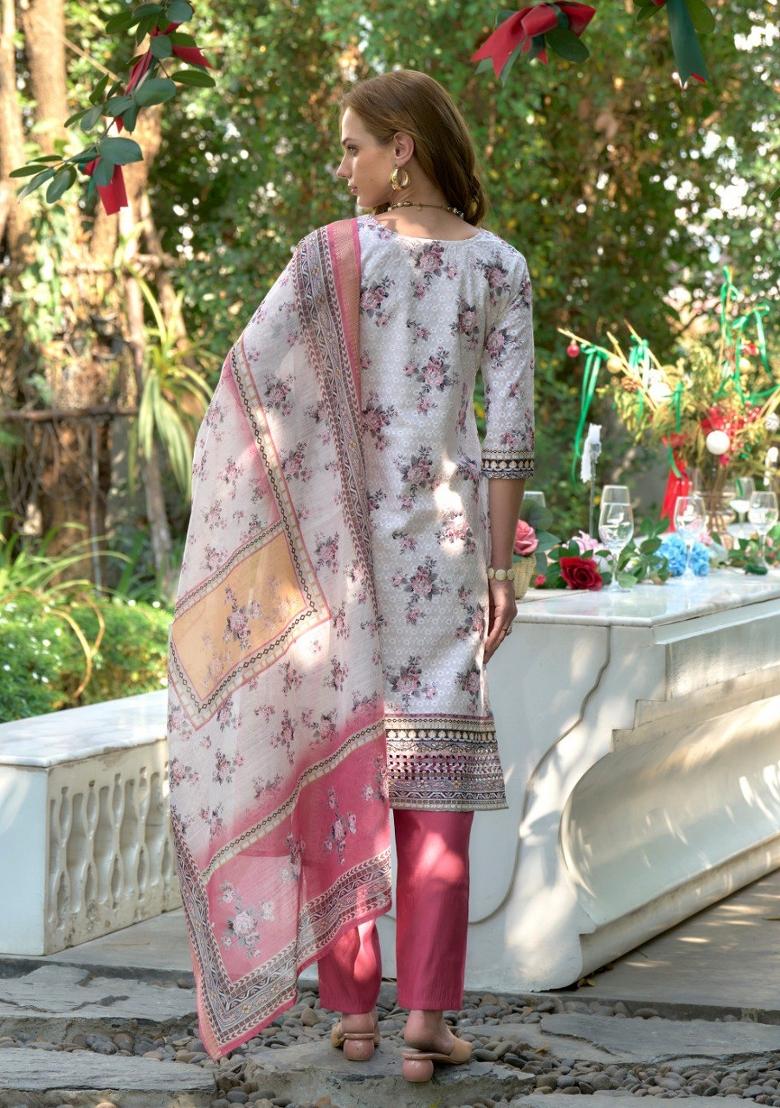 Off White Embroidered Cotton Salwar Kameez With Dupatta
