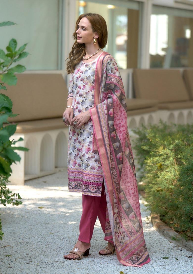 Off White Embroidered Cotton Salwar Kameez With Dupatta