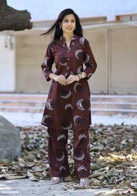 Brown Printed Viscose Rayon Co Ord Set