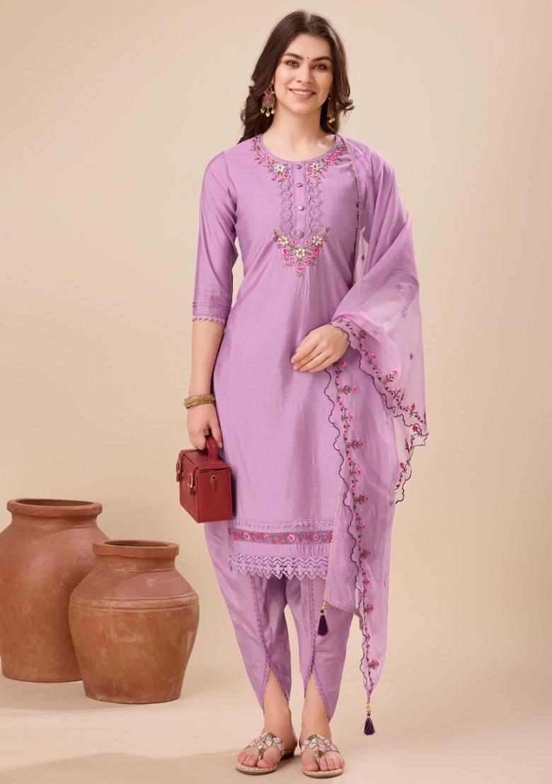 Lavender Embroidered Viscose Silk Salwar Kameez With Dupatta