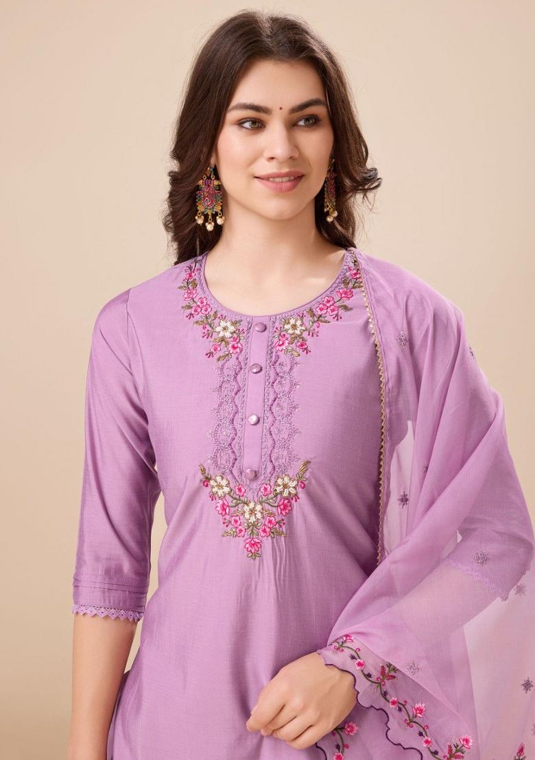 Lavender Embroidered Viscose Silk Salwar Kameez With Dupatta