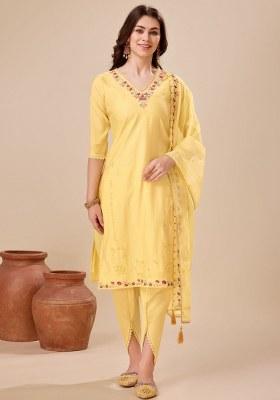 Yellow Embroidered Viscose Silk Salwar Kameez With Dupatta