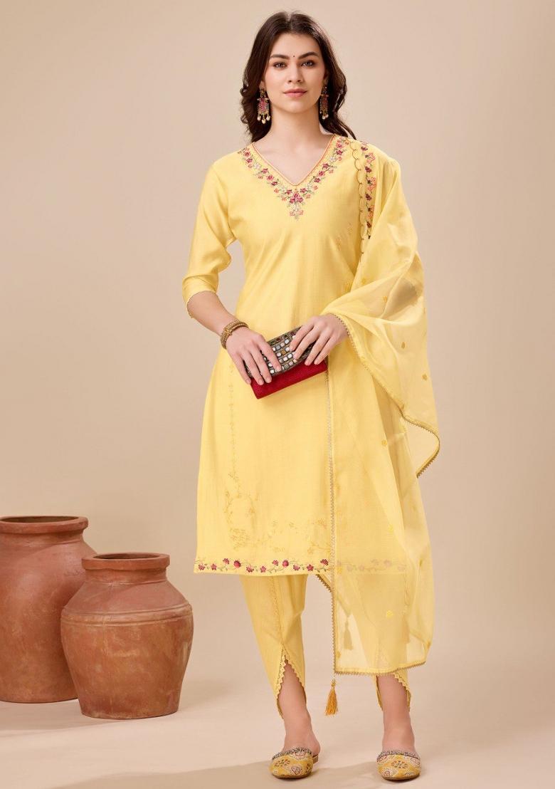 Yellow Embroidered Viscose Silk Salwar Kameez With Dupatta