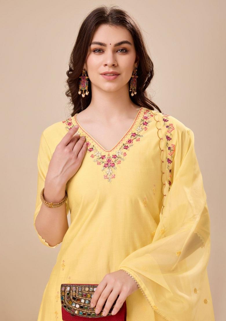 Yellow Embroidered Viscose Silk Salwar Kameez With Dupatta