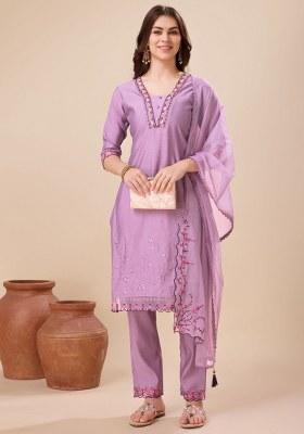 Lavender Embroidered Viscose Silk Salwar Kameez With Dupatta