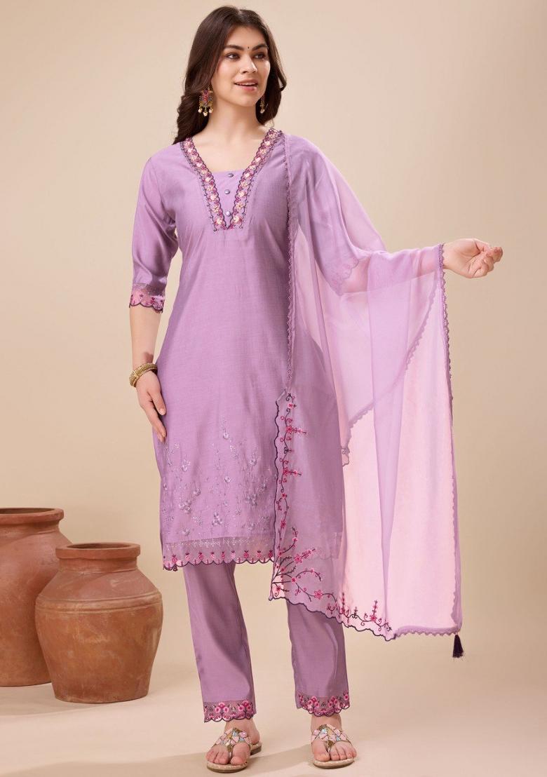 Lavender Embroidered Viscose Silk Salwar Kameez With Dupatta
