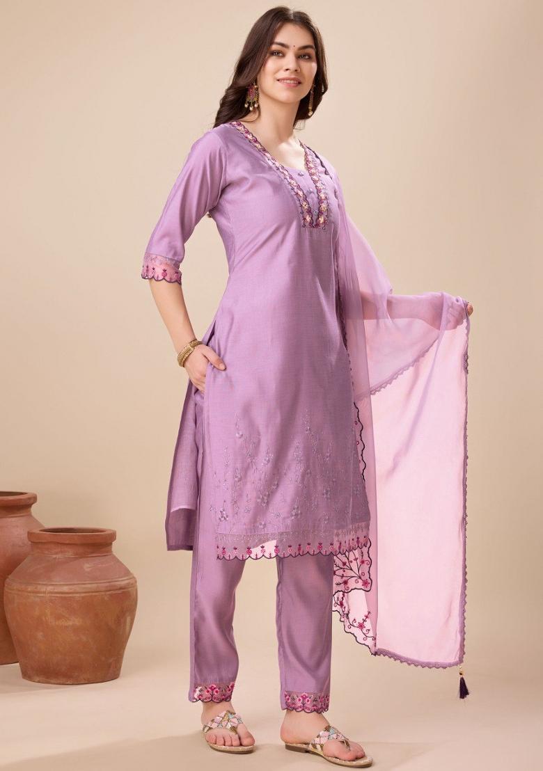 Lavender Embroidered Viscose Silk Salwar Kameez With Dupatta