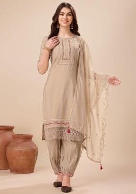 Beige Embroidered Viscose Silk Salwar Kameez With Dupatta