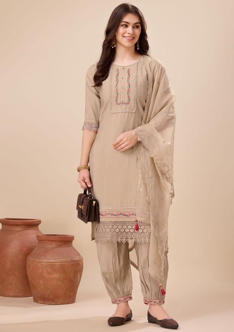 Beige Embroidered Viscose Silk Salwar Kameez With Dupatta