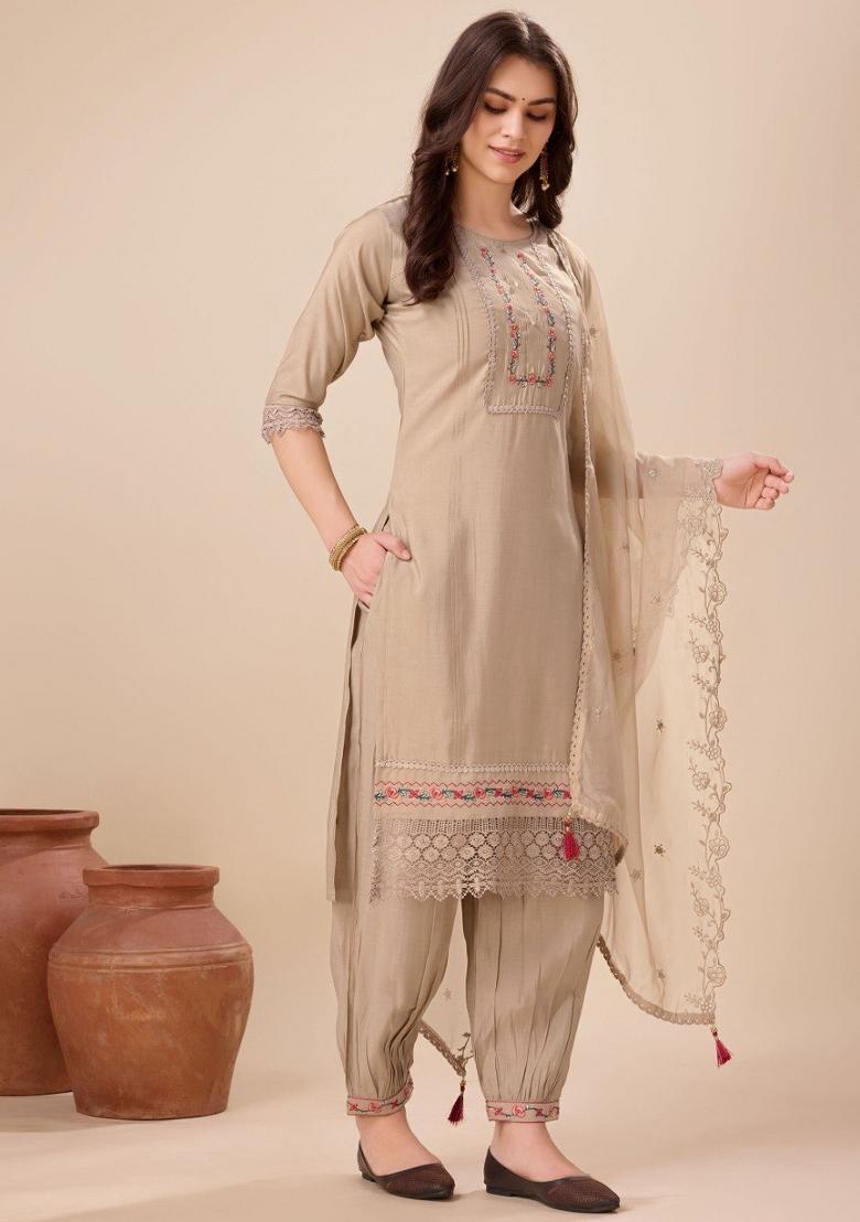 Beige Embroidered Viscose Silk Salwar Kameez With Dupatta