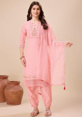 Peach Embroidered Viscose Silk Salwar Kameez With Dupatta