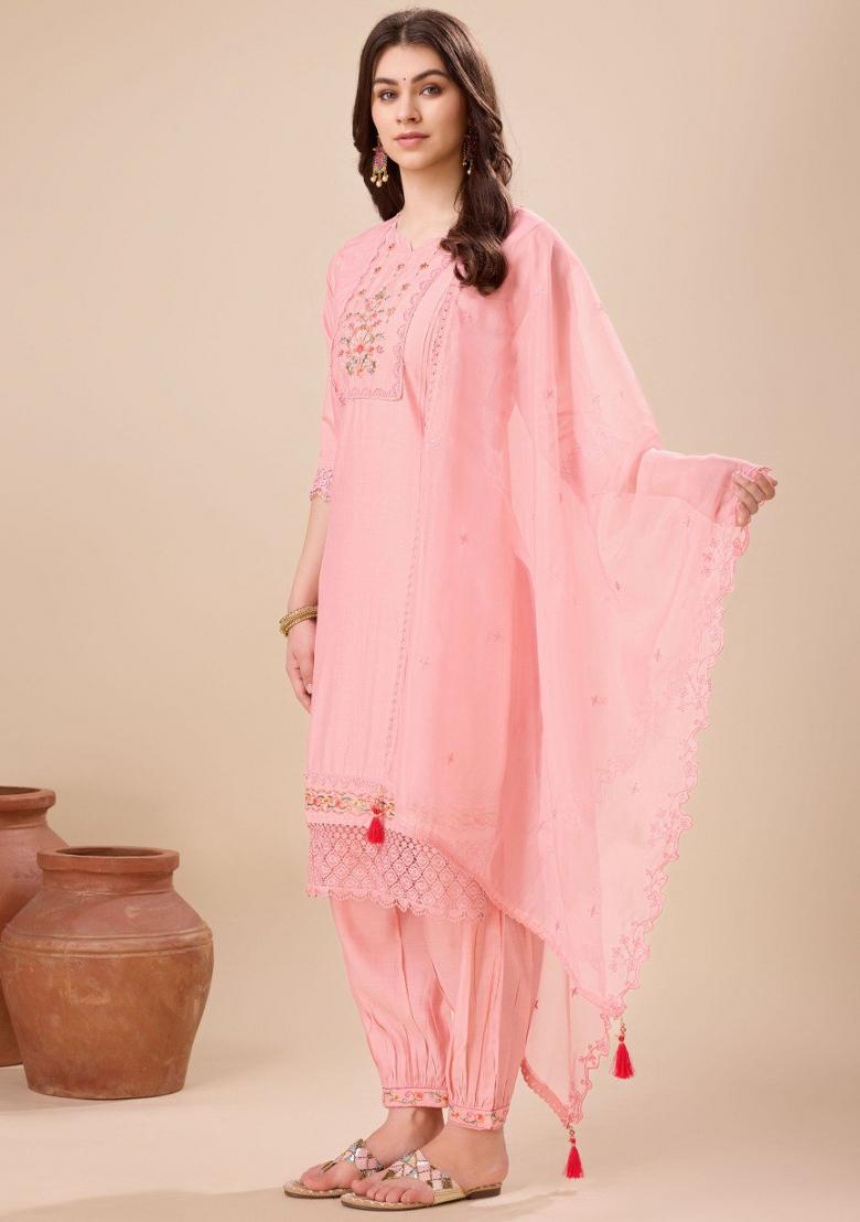 Peach Embroidered Viscose Silk Salwar Kameez With Dupatta