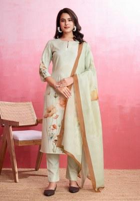 Cream Printed Crepe Salwar Kameez With Dupatta