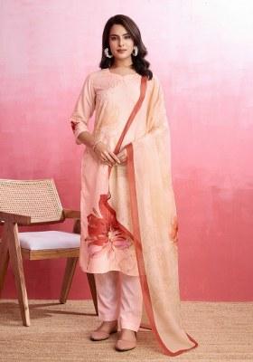 Light Peach Printed Crepe Salwar Kameez With Dupatta