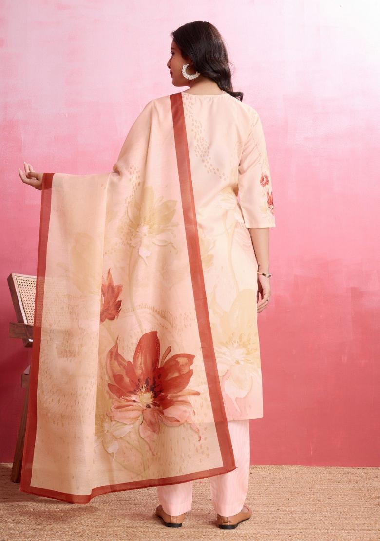 Light Peach Printed Crepe Salwar Kameez With Dupatta