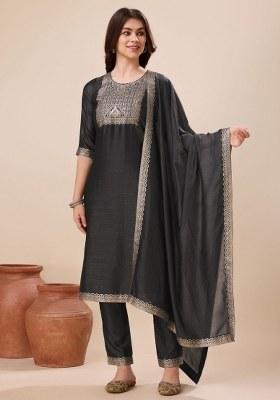 Black Printed Vichitra Silk Salwar Kameez With Dupatta