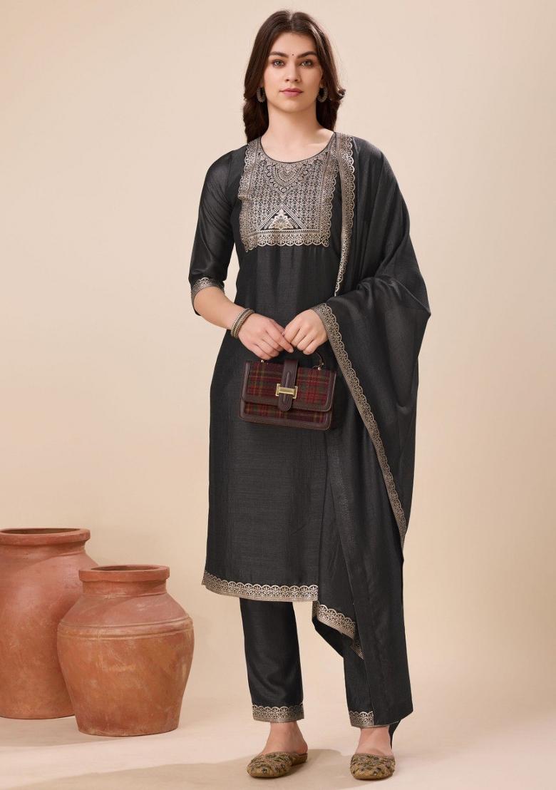 Black Printed Vichitra Silk Salwar Kameez With Dupatta