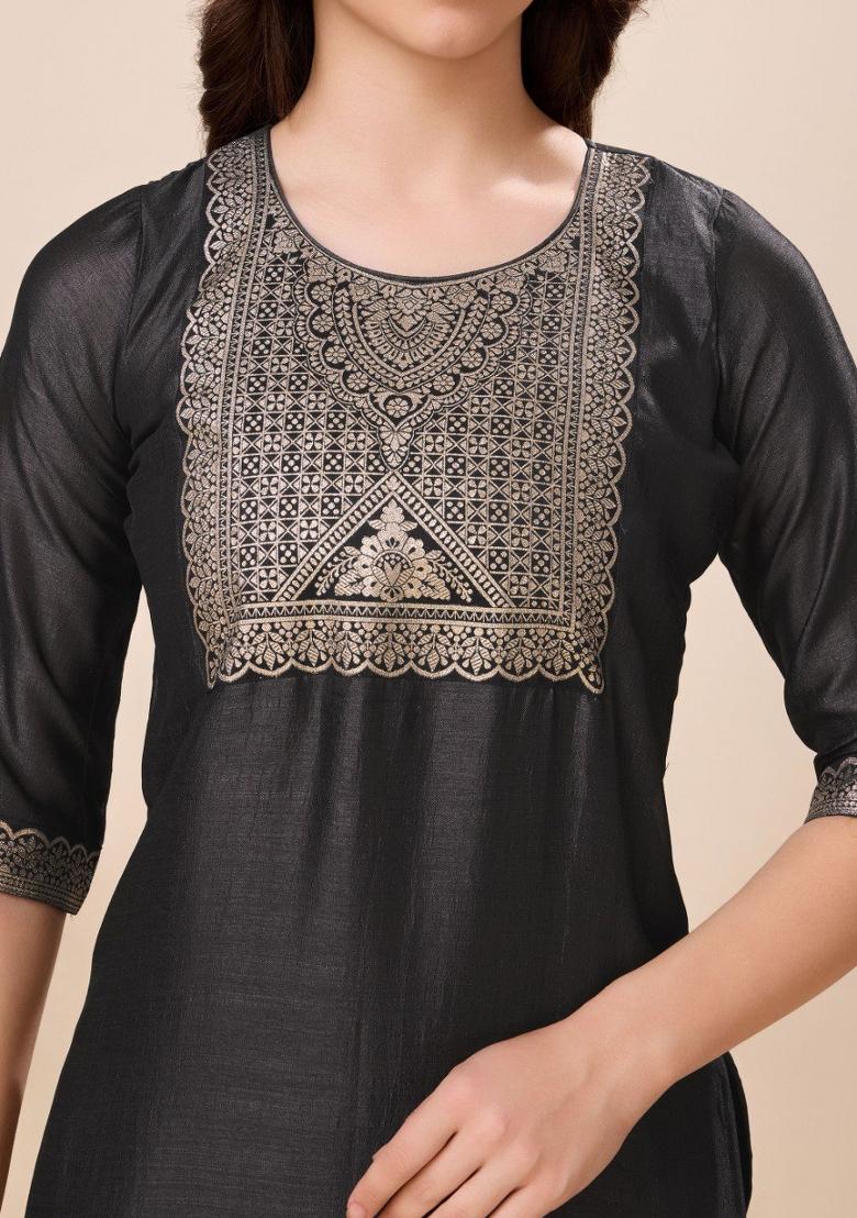 Black Printed Vichitra Silk Salwar Kameez With Dupatta