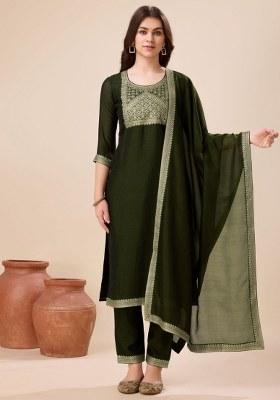 Green Printed Vichitra Silk Salwar Kameez With Dupatta