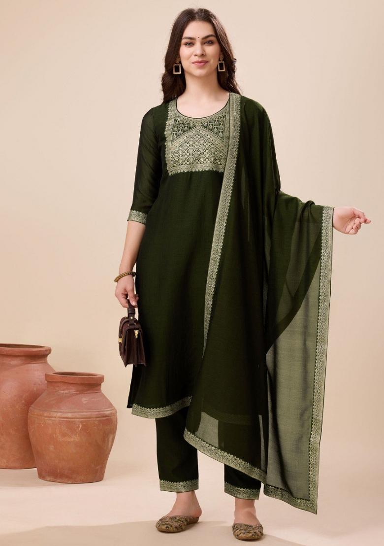 Green Printed Vichitra Silk Salwar Kameez With Dupatta